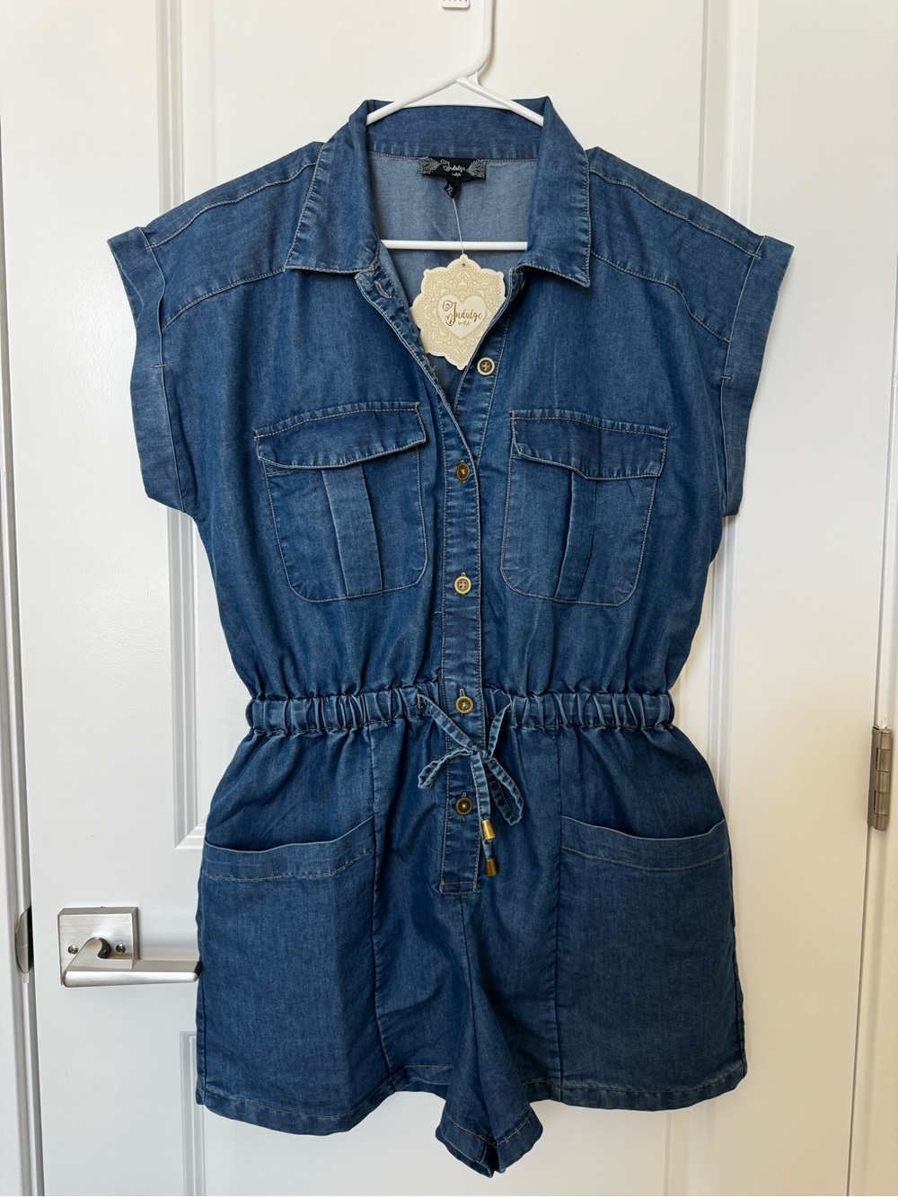 indulge Dark Blue Denim Button-Front Romper size Xl